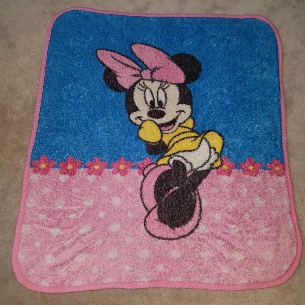 VTG Minnie Mouse Baby Blanket Pink Blue Disney Crown Crafts Acrylic Blend
